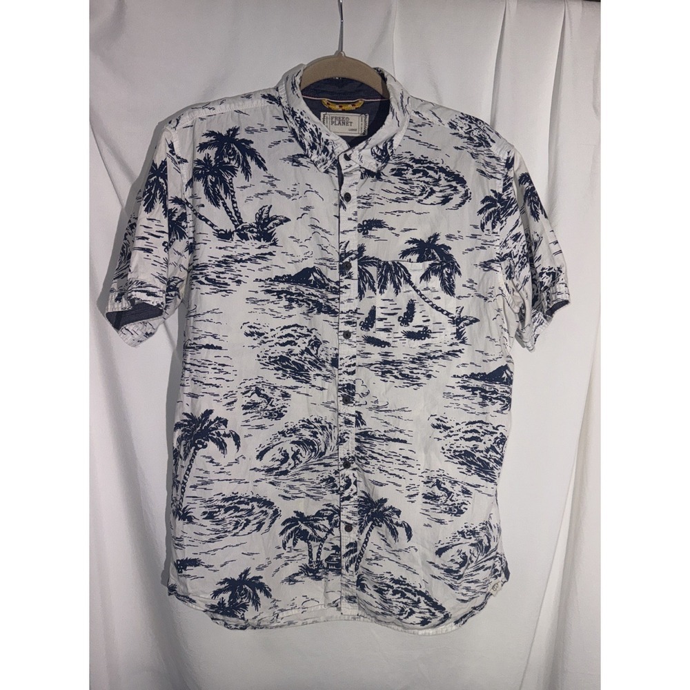 Free Planet Palm Tree Surfer Hawaiian Button Up - Size Large - 100% Cotton